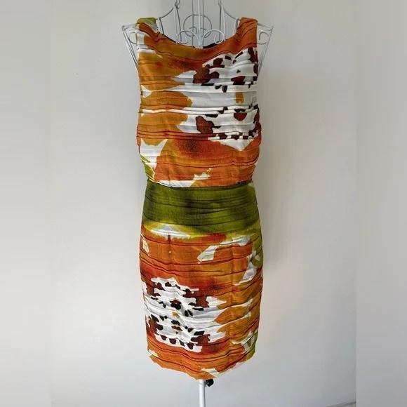 Alice + Olivia Valerie Silk Ruched Mesh Orange White Green Sleeveless Dress SZ 6 - Picture 3 of 12